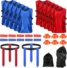 10 Player Adjustable Football Flag Kit Set, Outdoor Sport Training Flag Football Set - 10 Flags   12 Cones  10 Vest  Travel Bag for Teens Training