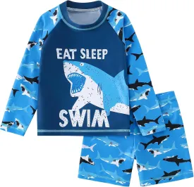 2-Piece Boys Dinosaur&Whale Swimsuit Set Long Sleeve Shirt   Trunks Toddler Swimming Suit Kids Rash Guards Bathing Suits