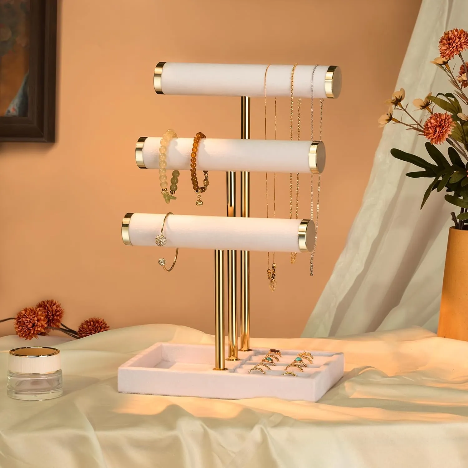 3 Tier Bracelet Holder Display - Detachable T Bar White Velvet Bracelet Holder, Jewelry Holder Organizer for Bracelet, Necklace, Watches, Rings