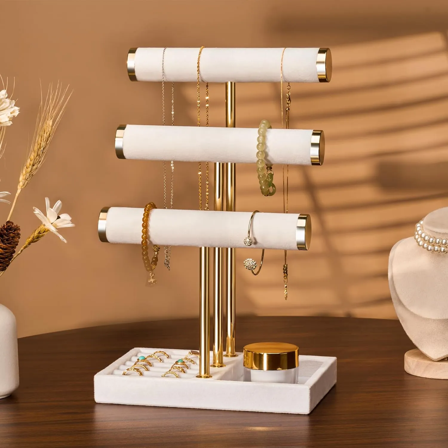 3 Tier Bracelet Holder Display - Detachable T Bar White Velvet Bracelet Holder, Jewelry Holder Organizer for Bracelet, Necklace, Watches, Rings