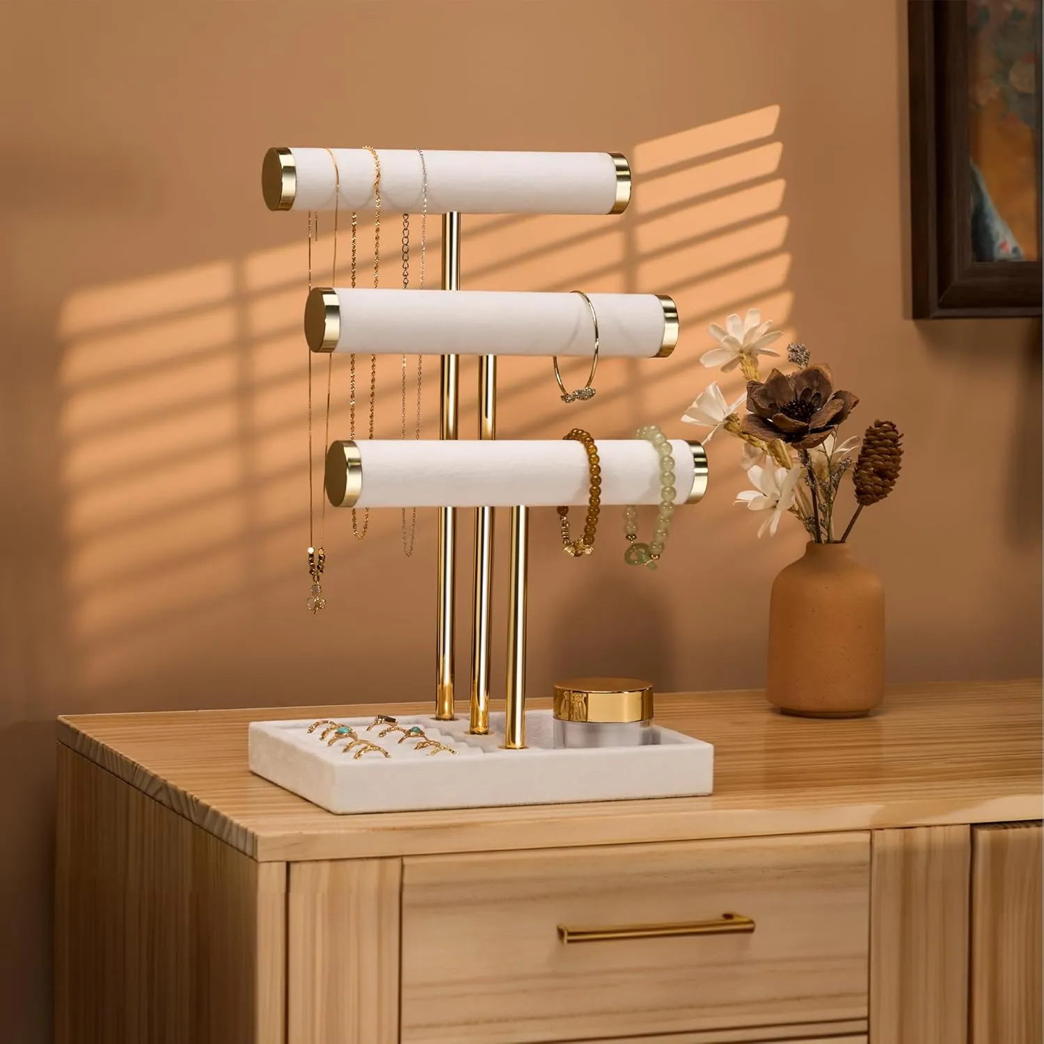 3 Tier Bracelet Holder Display - Detachable T Bar White Velvet Bracelet Holder, Jewelry Holder Organizer for Bracelet, Necklace, Watches, Rings