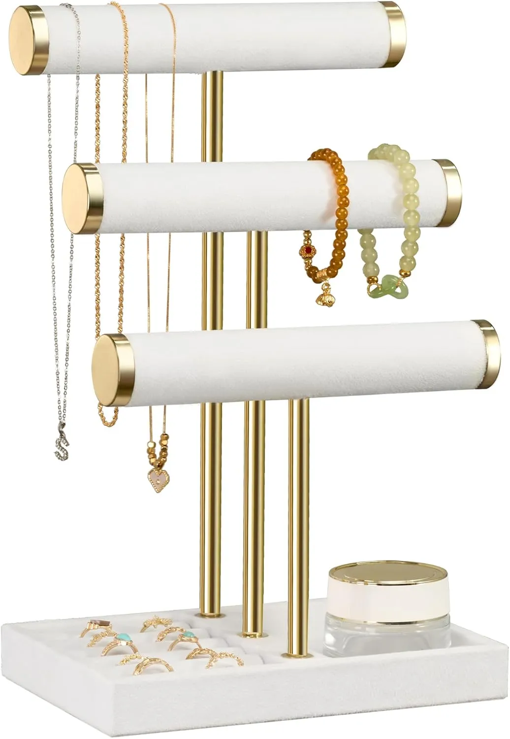 3 Tier Bracelet Holder Display - Detachable T Bar White Velvet Bracelet Holder, Jewelry Holder Organizer for Bracelet, Necklace, Watches, Rings