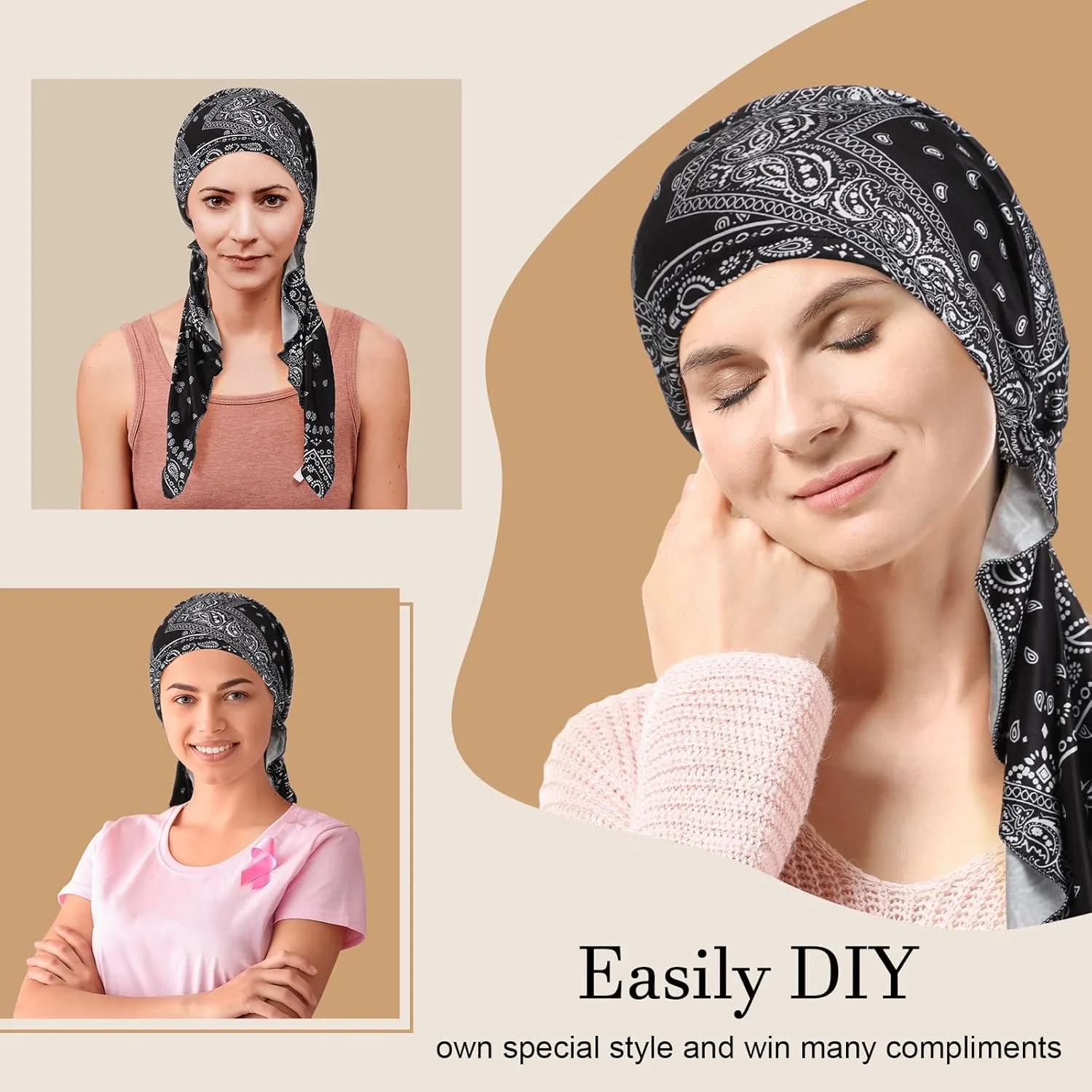 4 Pieces Chemo Headwear for Women Pre Tied Caps Soft Cotton Elastic Head Scarf for Patients
