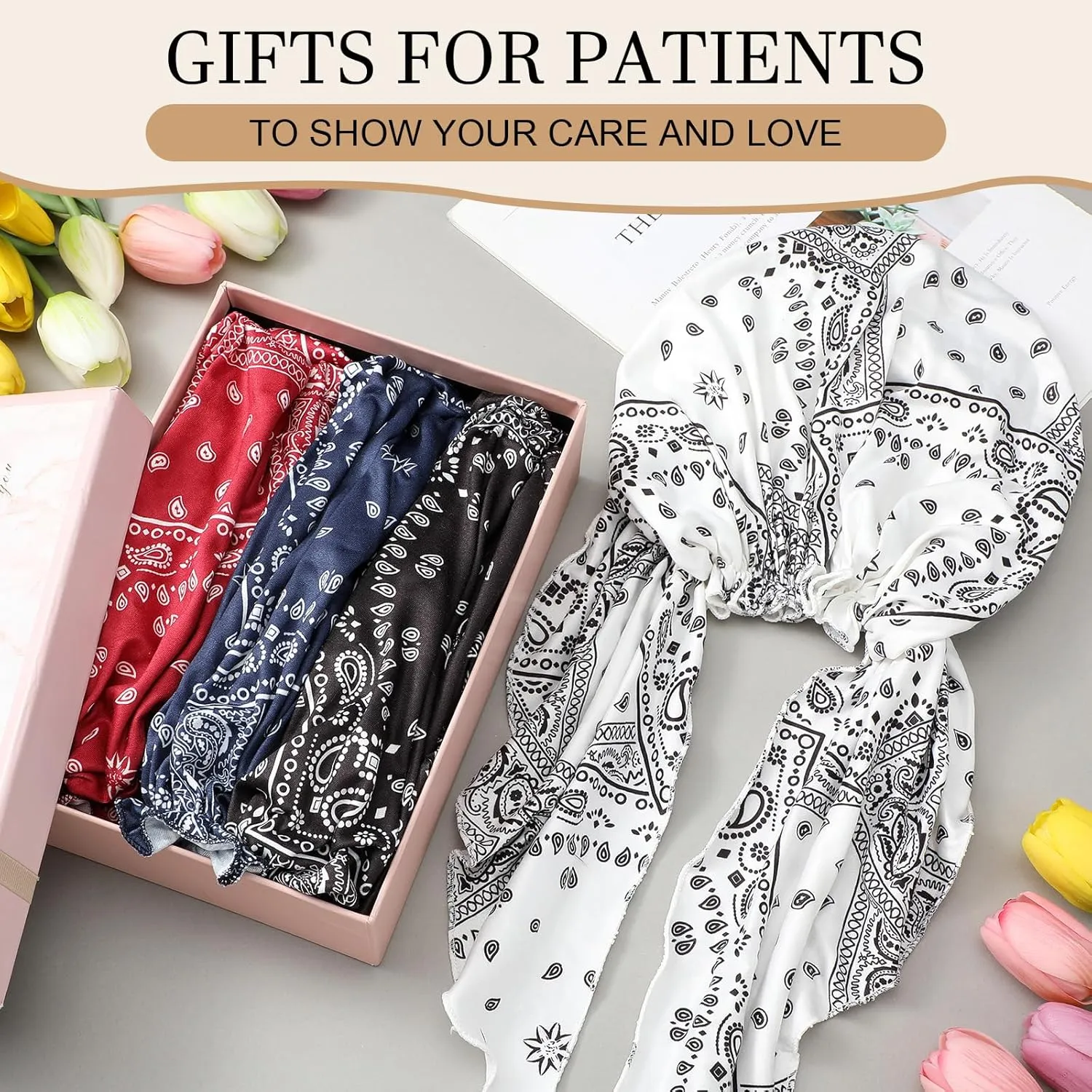 4 Pieces Chemo Headwear for Women Pre Tied Caps Soft Cotton Elastic Head Scarf for Patients