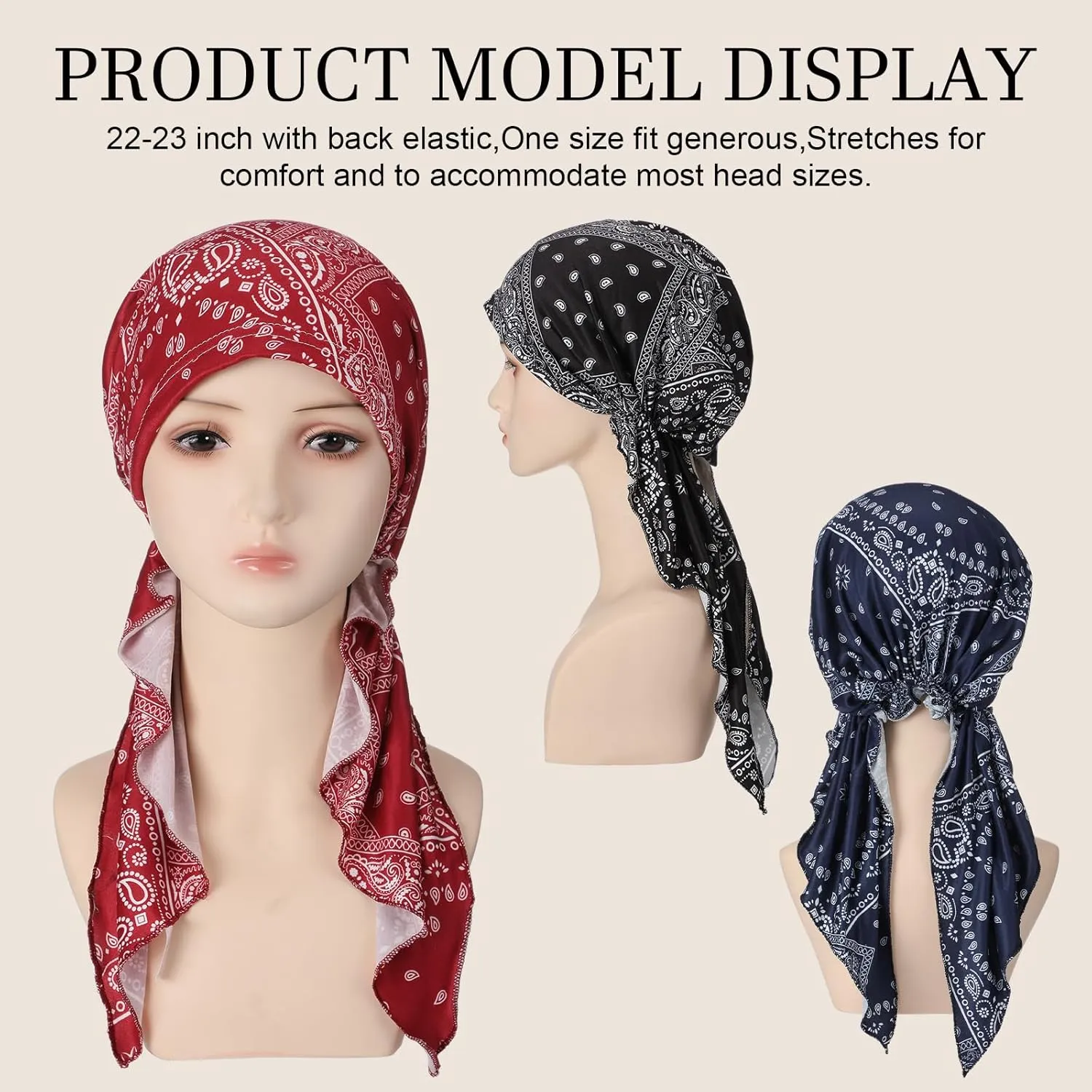 4 Pieces Chemo Headwear for Women Pre Tied Caps Soft Cotton Elastic Head Scarf for Patients