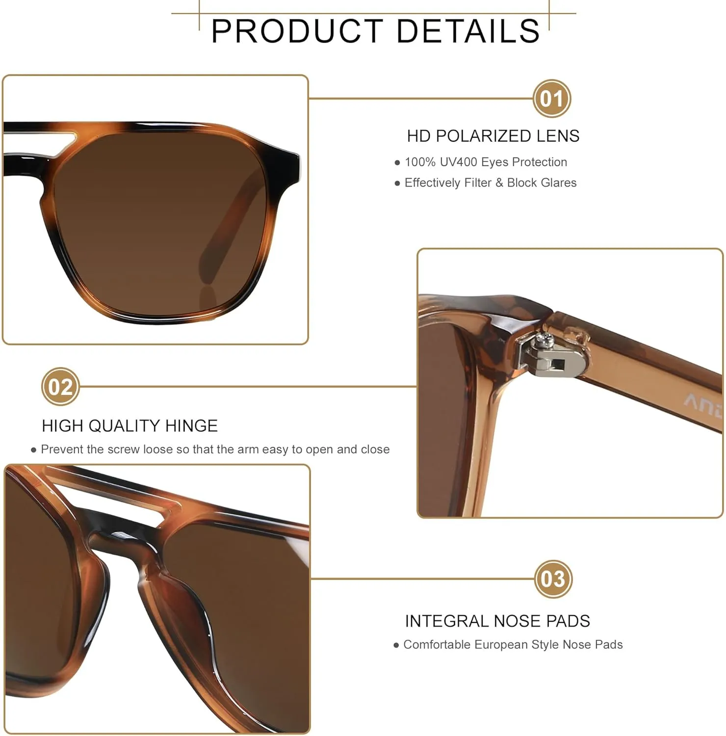 ANDWOOD Trendy Aviator Polarized Sunglasses Men Women Square Stylish Frame Sun Glasses