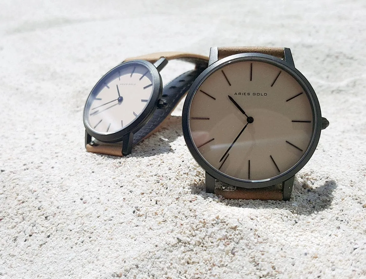 ARIES GOLD URBAN SANTOS G 1022 & L 1023 BK-BEI COUPLE'S WATCHES