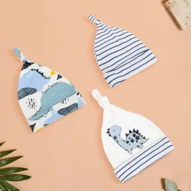 Baby Moo Dino Stripes Knotted Infants Ultra Soft 100% Cotton All Season Pack of 3 Caps - Off White