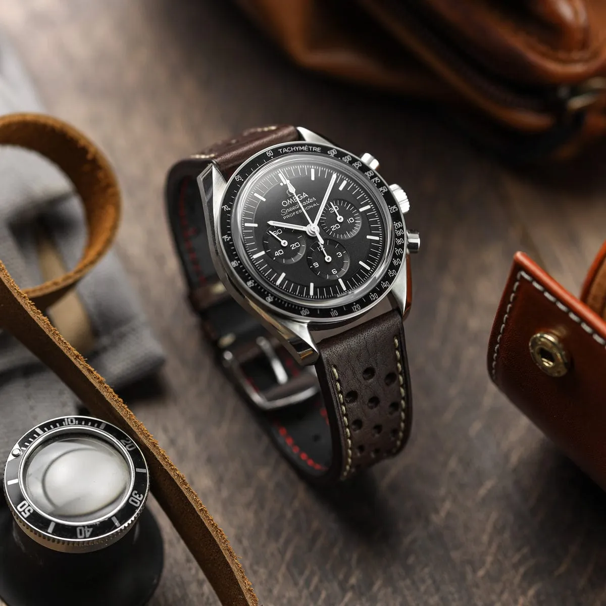 Beaufort Racing Conceria Opera Suede Perforated Watch Strap - Dark Brown