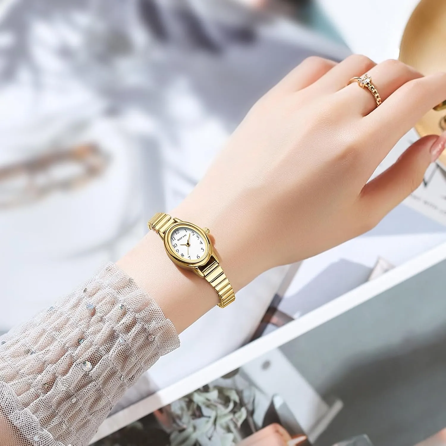 BOFAN Small Gold Watches for Women Easy Read Ladies Quartz Wrist Watch with Stainless Steel Expansion Band,Waterproof.