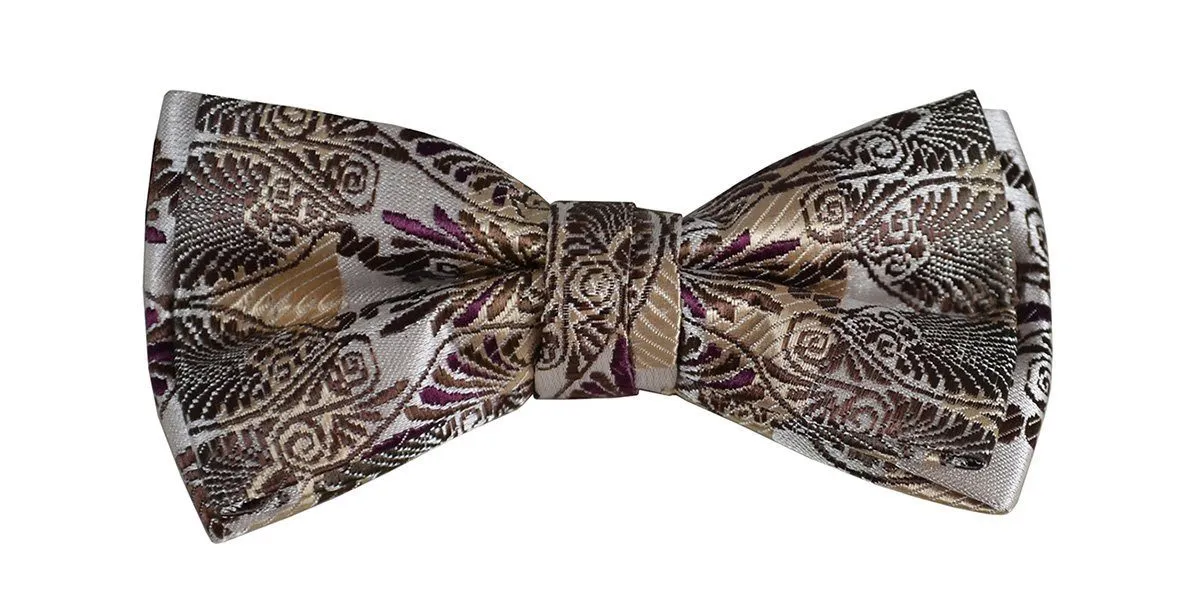 Brown Paisley Boys Bow Tie and Pocket Square Set, Pre-tied