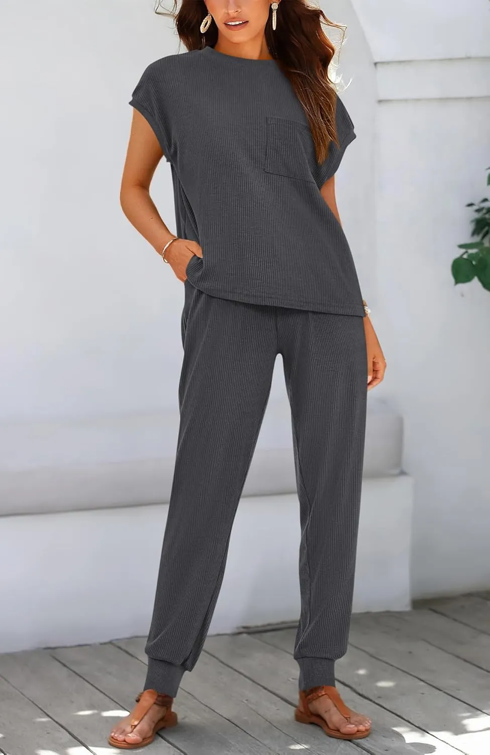 BTFBM Women's Two Piece Tracksuit Short Sleeve Tops Long Pants With Drawstring Outfits Jogger Sets