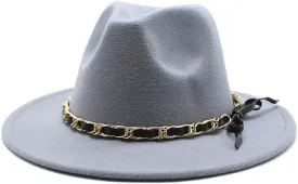 DHAEY New Golden Chain Bow Belt Woolen Hat European and American Jazz Felt Hat Men's and Women's Large Flat Brimmed Hat Luopan Caps & Hats(Light Grey)