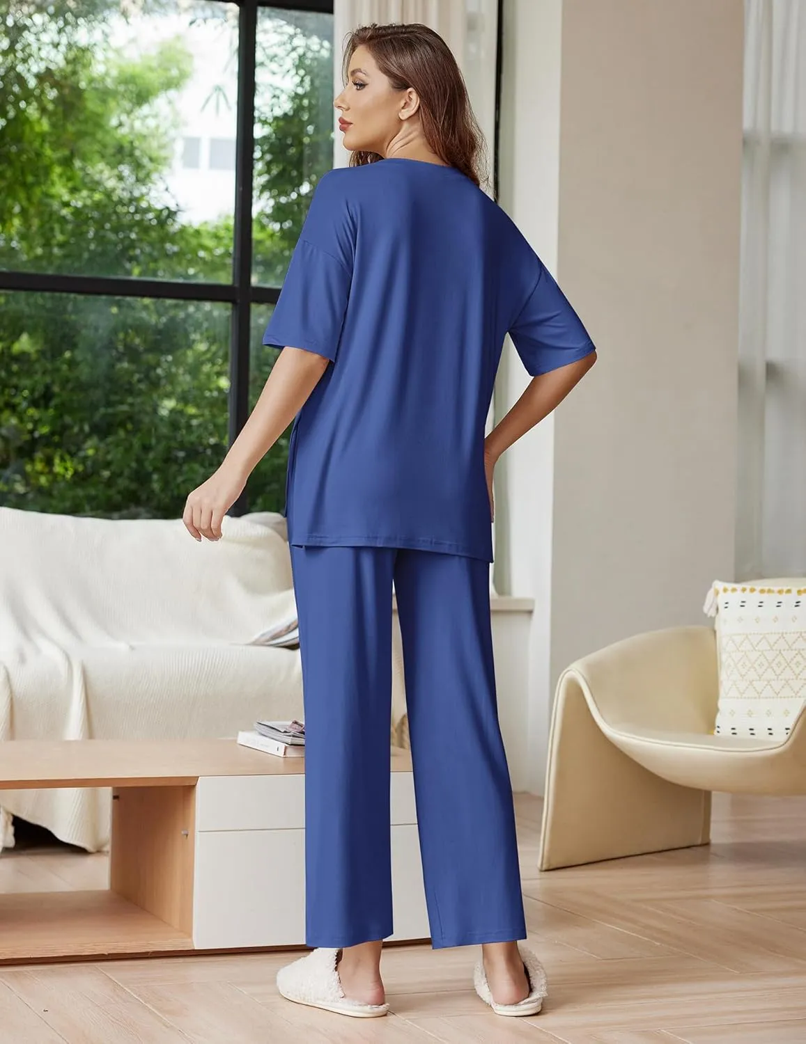 Ekouaer Lounge Sets for Women Short Sleeve Tops and Long Pants Soft Comfy Pajamas Set 2 Piece Outfits S-XXL