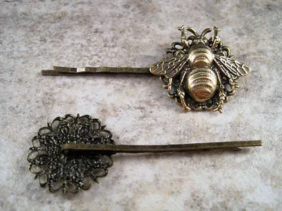 Handmade Antique Bronze Bee And Hive Brass Bobby Pins