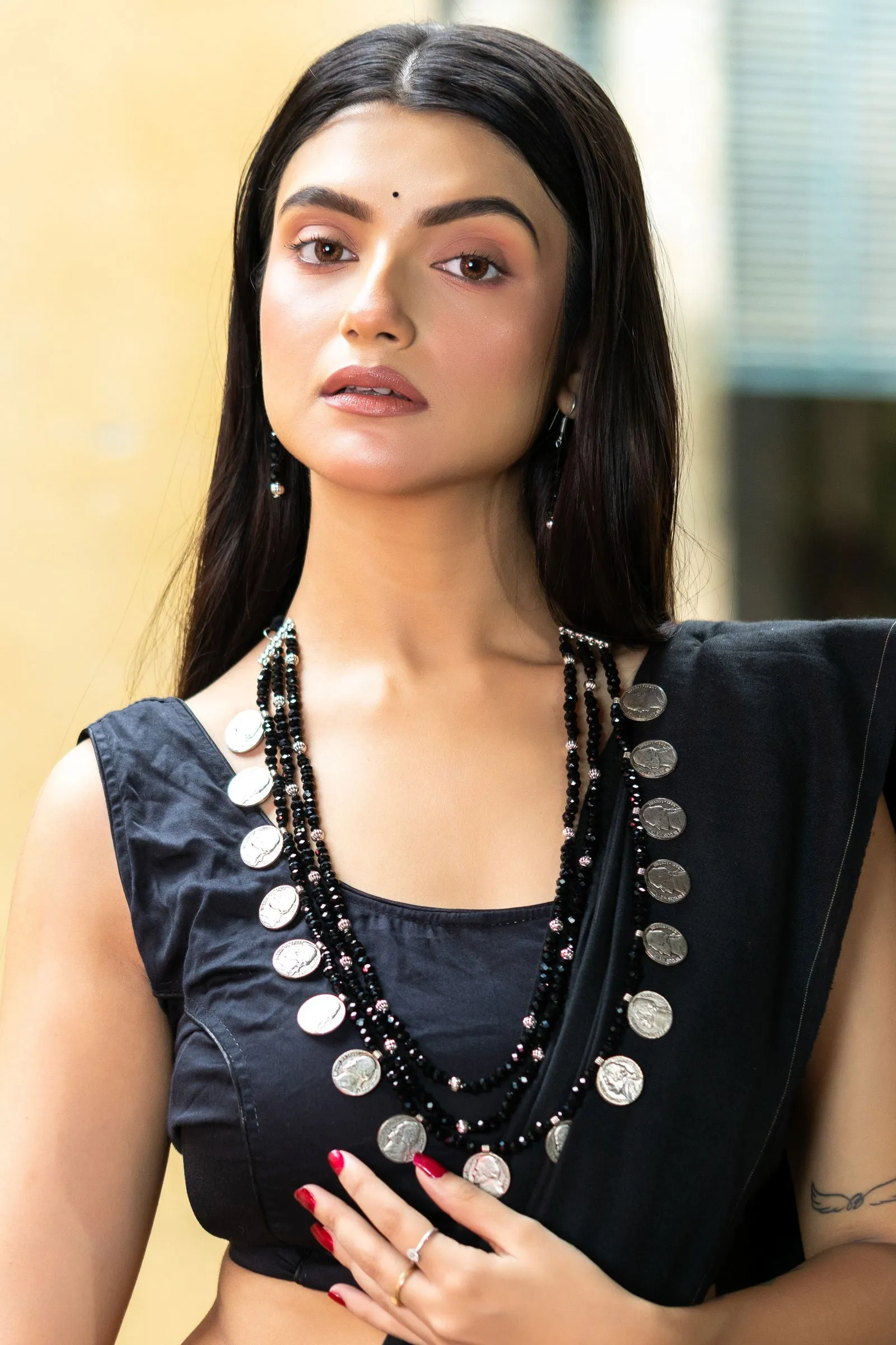 Handmade Triple Layer Black Crystal German Silver Coin Necklace with Earrings Jewelry Set