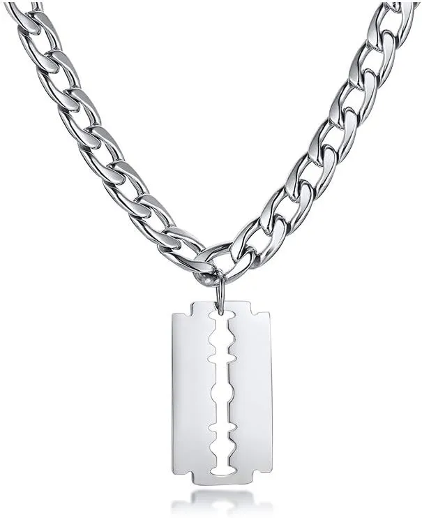 Hisatan Hip Hop Jewelry Punk Rock Biker Stainless Steel Razor Blade Pendant Necklace for Men with 20 Chain