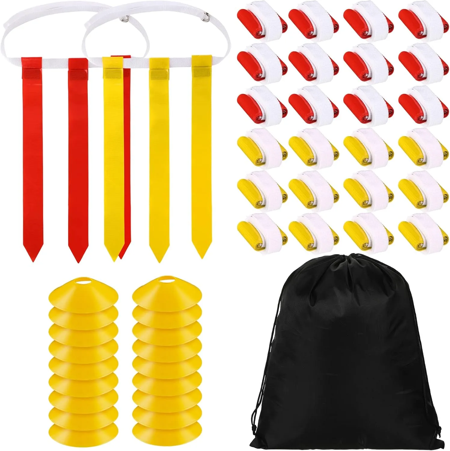 Janmercy Flag Football Set, 24 Player Football Belts Set for Adult Youth, Include 24 Belt, 72 Flags and 18 Cones with 1 Carrying Bag for Teens Outdoor Training(Red, Yellow)