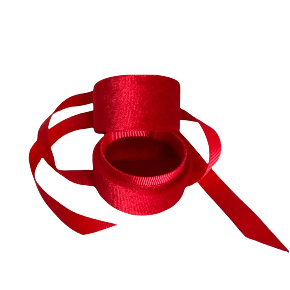 Luxury Plush Round Velvet Ring Box with Ribbon Red