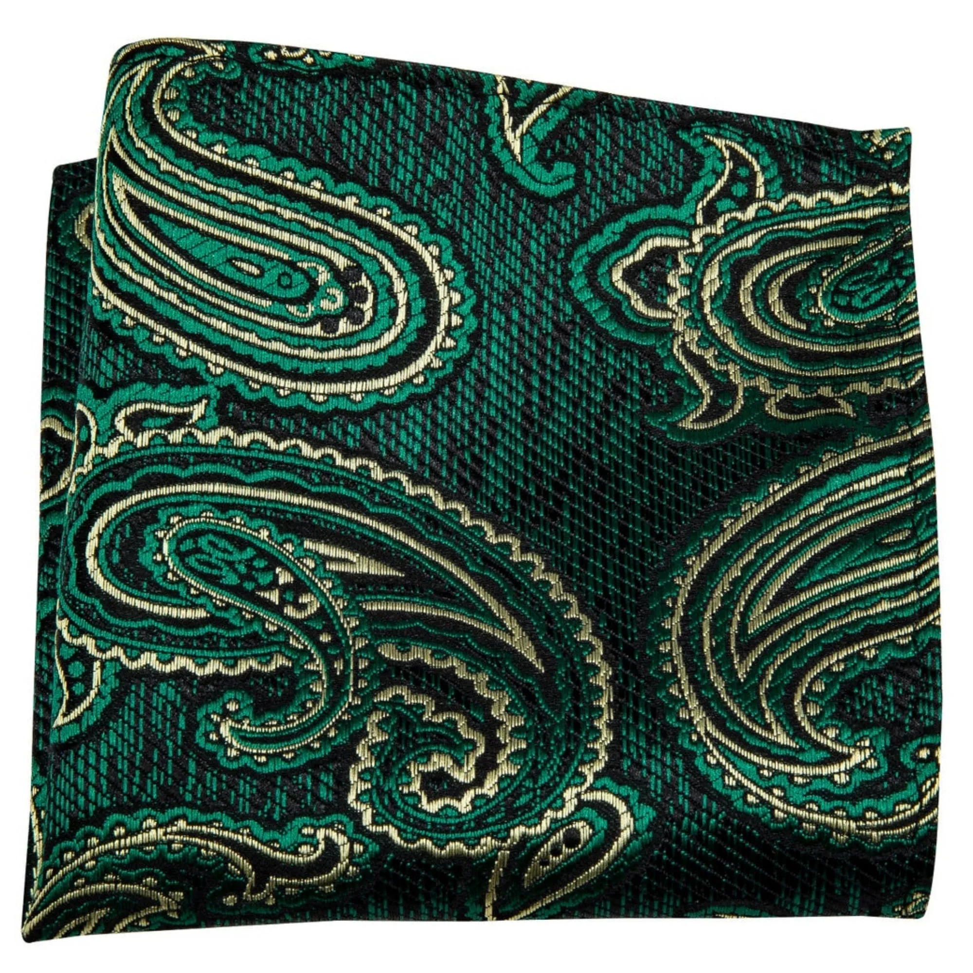 Men's Green Paisley 100% Silk Pre-Tied adjustable Bow Tie Pocket Square Cufflinks Set