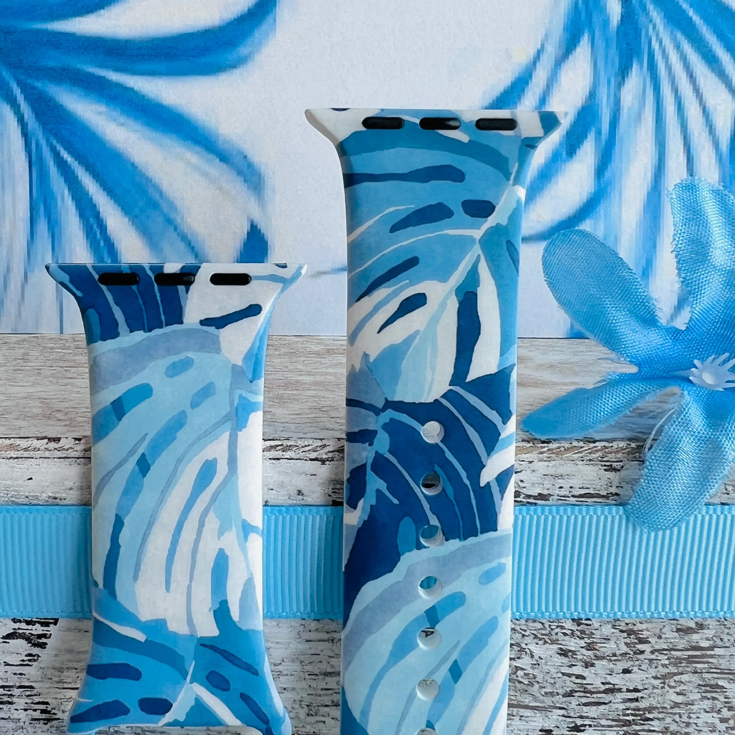 Monstera Blue Print Silicone Band For Apple Watch