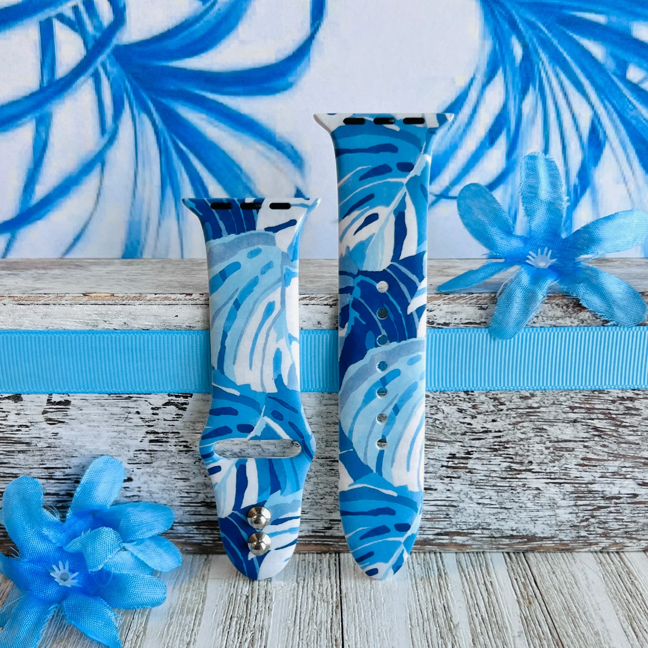 Monstera Blue Print Silicone Band For Apple Watch