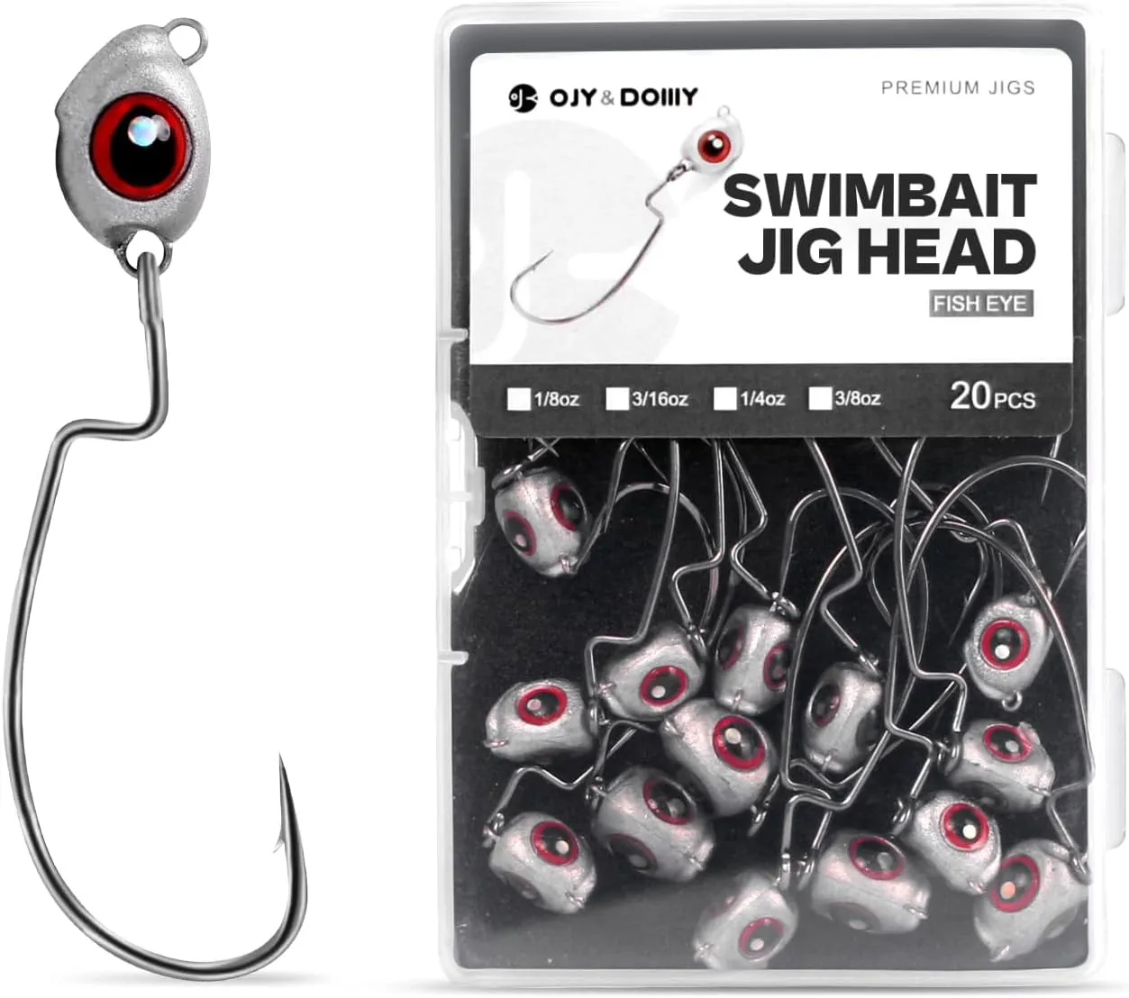 OJY&DOIIIY Fish Eye Swimbait Jig Heads, 12/20 Pack Weighted Hooks for Texas Rig or Ned Rig Fishing 1/8 3/16 1/4 3/8 oz