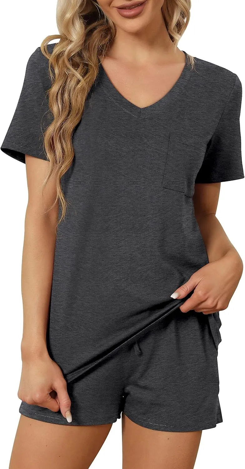 RUBZOOF Women's Short Sleeve Pajama Sets with Pockets Casual V Neck 2 Piece Lounge Sets S-3XL