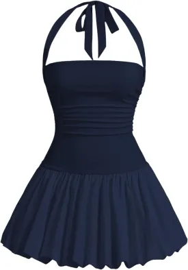 SOLY HUX Women's Bubble Mini Dress Y2K Halter Backless Club Party Graduation Short Dresses with Shorts Underneath