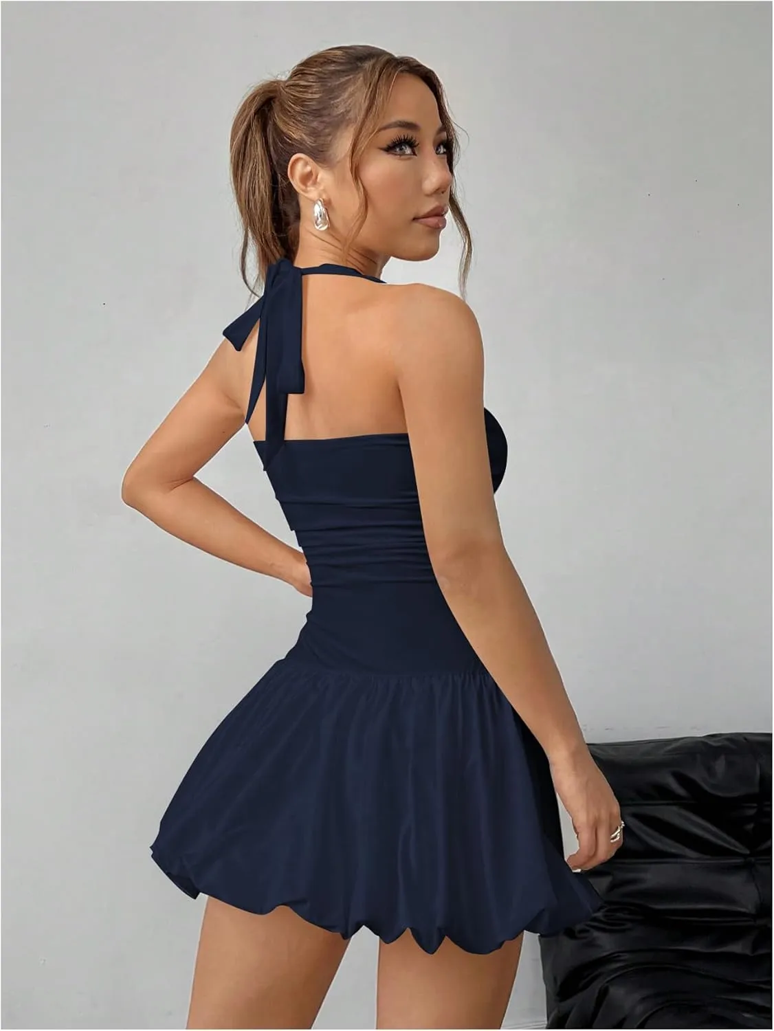 SOLY HUX Women's Bubble Mini Dress Y2K Halter Backless Club Party Graduation Short Dresses with Shorts Underneath