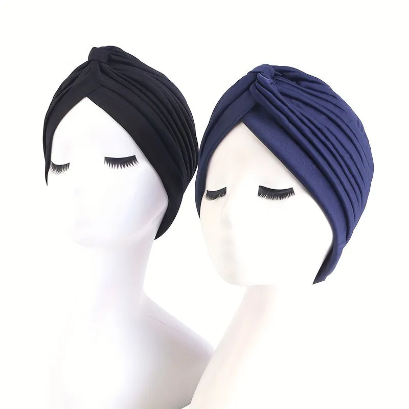 Stylish 2pcs Crinkle Turban Caps Black  Dark Blue