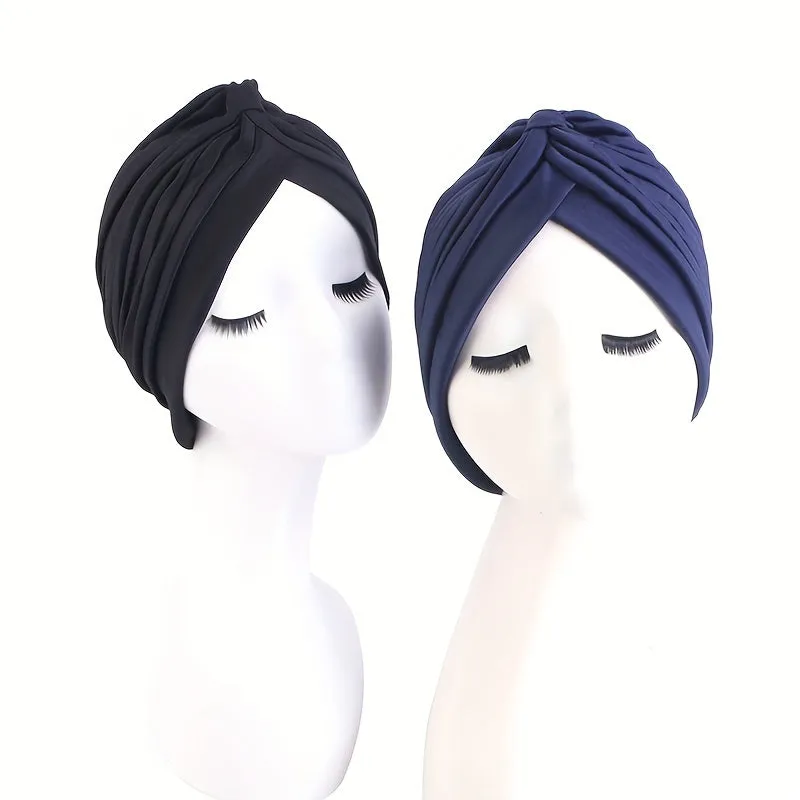 Stylish 2pcs Crinkle Turban Caps Black  Dark Blue