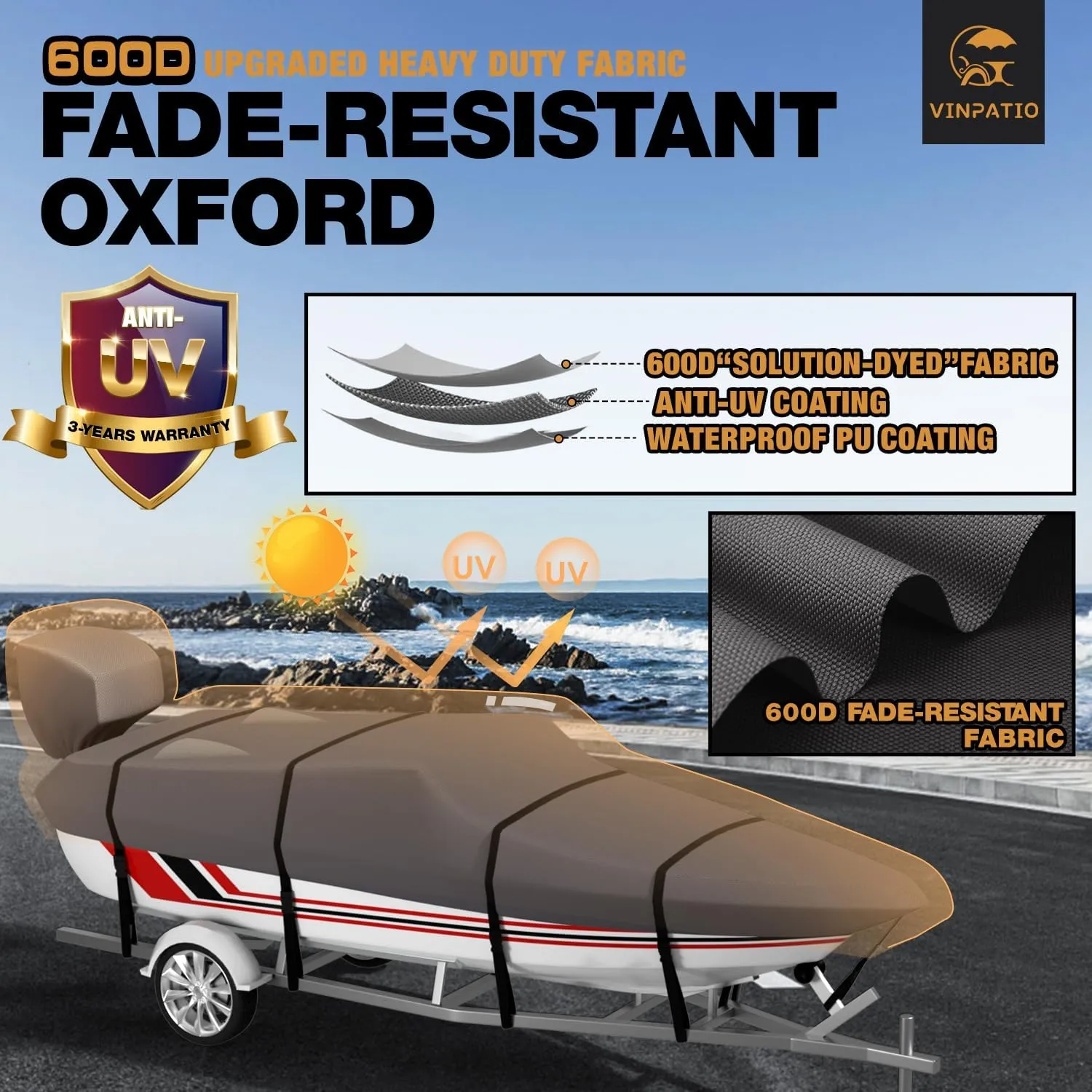 Trailerable Boat Cover, 600D Solution-Dyed Bass Boat Cover, 16-18.5 ft Heavy Duty 100% Waterproof Boat Covers Fits V-Hull Runabout Fishing Ski Pro-Style Bass Boats, Beam Width up to 94"