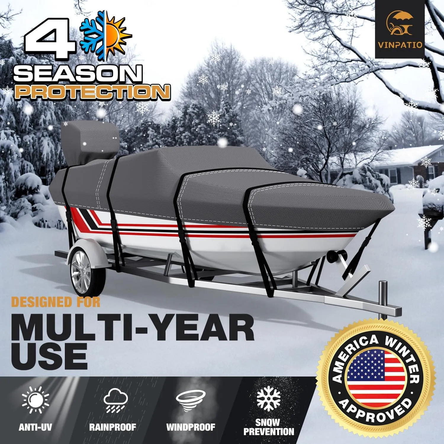 Trailerable Boat Cover, 600D Solution-Dyed Bass Boat Cover, 16-18.5 ft Heavy Duty 100% Waterproof Boat Covers Fits V-Hull Runabout Fishing Ski Pro-Style Bass Boats, Beam Width up to 94"