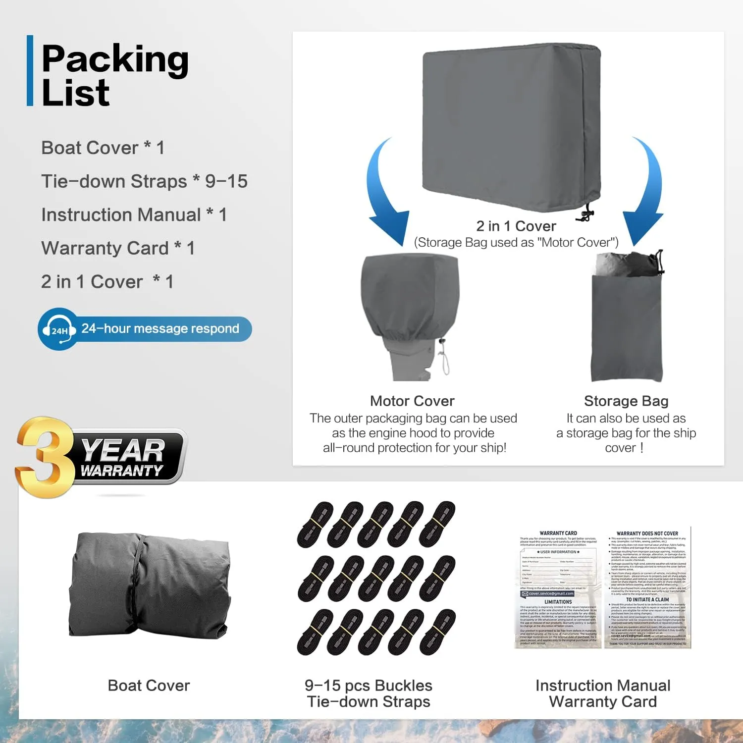 Trailerable Boat Cover, 600D Solution-Dyed Bass Boat Cover, 16-18.5 ft Heavy Duty 100% Waterproof Boat Covers Fits V-Hull Runabout Fishing Ski Pro-Style Bass Boats, Beam Width up to 94"
