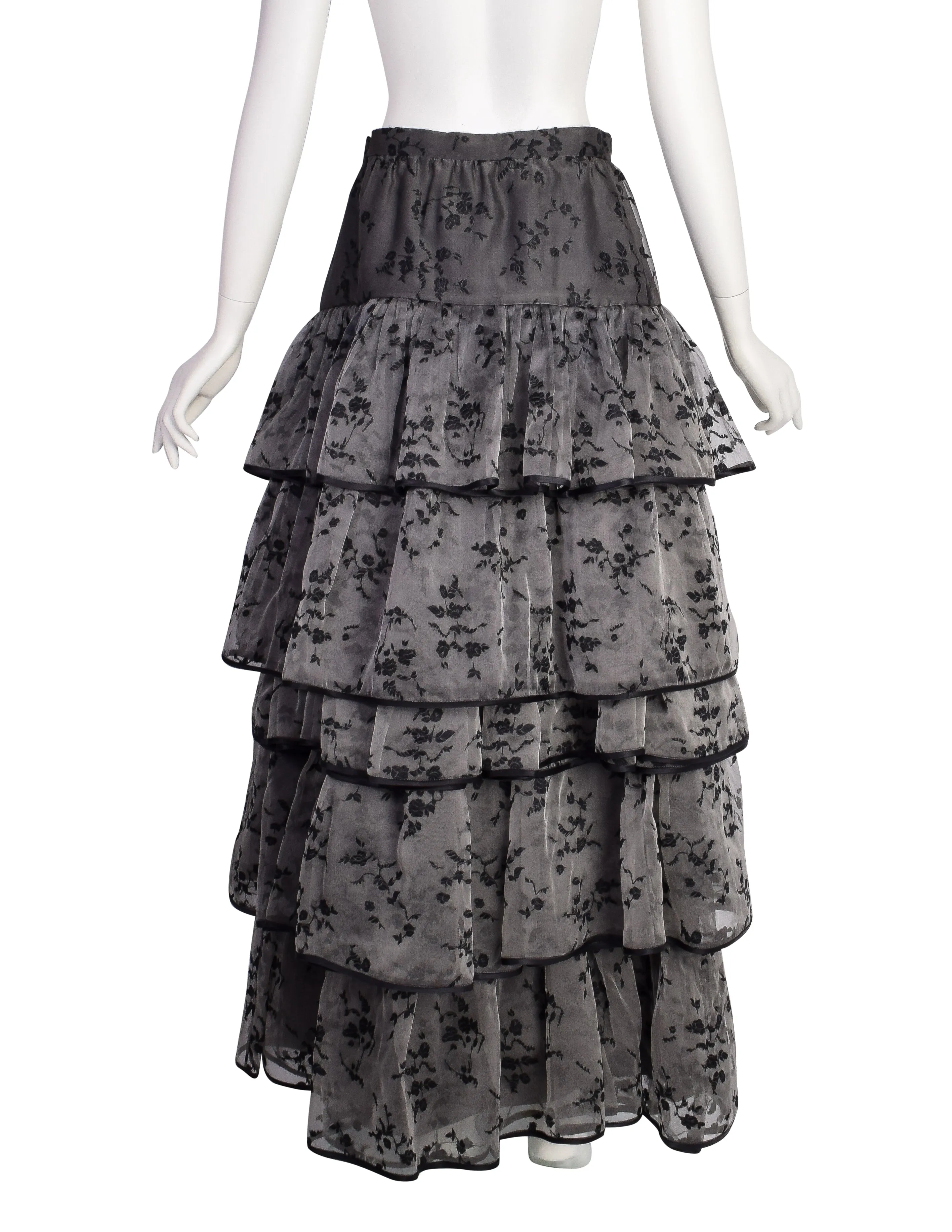 Valentino Vintage 1980s Grey Black Floral Jacquard Chiffon Tiered Ruffle Full Length Skirt