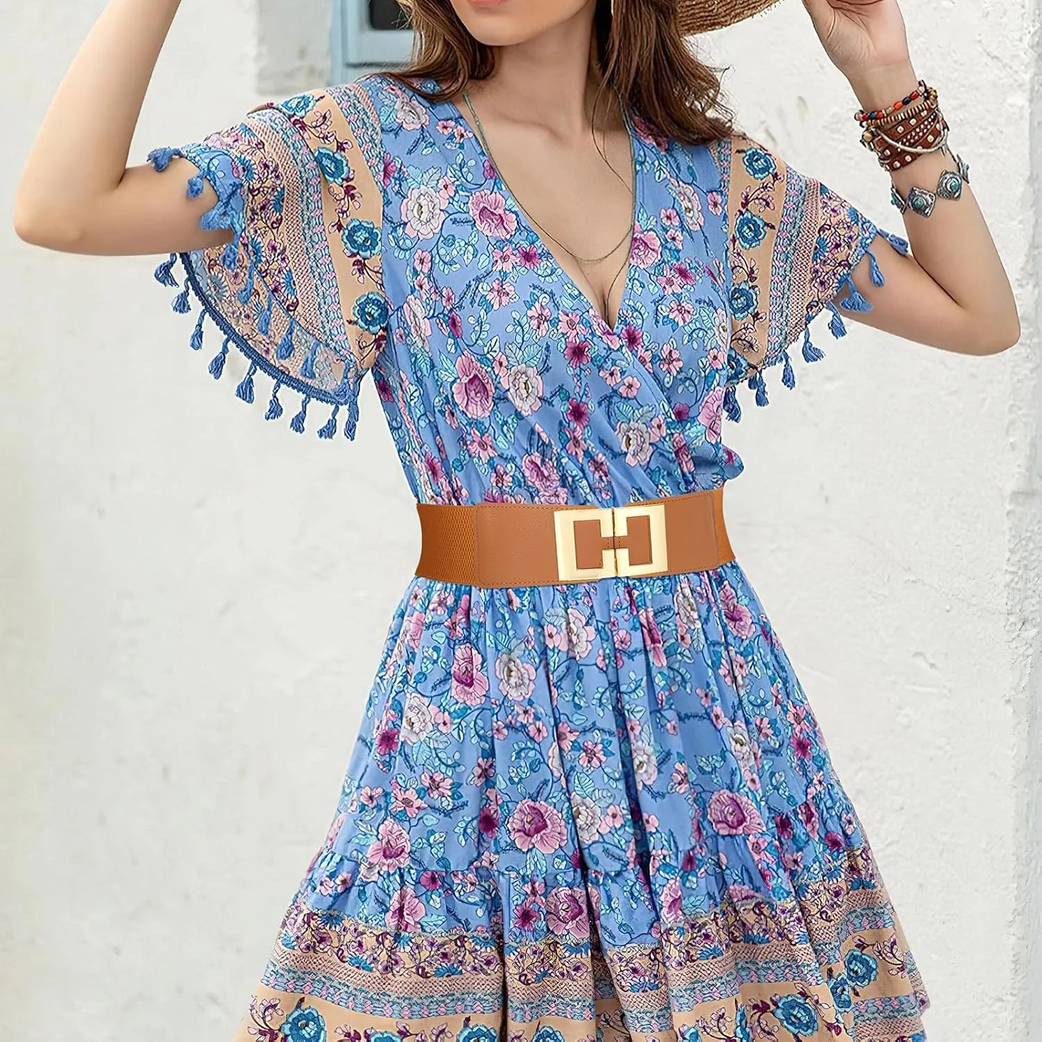 Wide Elastic Belts for Women Dresses Fashion Stretchy Waist Belt with Gold Buckle