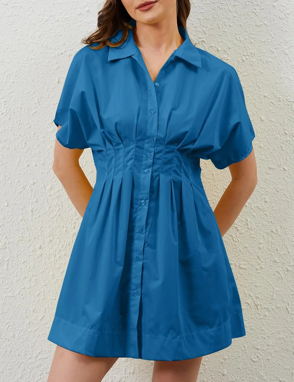 Women Button Down Pleated Shirt Dress Summer Short Sleeve Blouse Striped Print Corset Mini Dresses