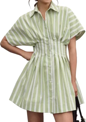 Women Button Down Pleated Shirt Dress Summer Short Sleeve Blouse Striped Print Corset Mini Dresses