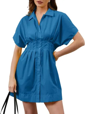 Women Button Down Pleated Shirt Dress Summer Short Sleeve Blouse Striped Print Corset Mini Dresses