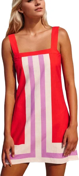 Women Multi-color Striped Mini Dress Color Block Summer Square Neck Sleeveless Backless Beach Cover Up Dress