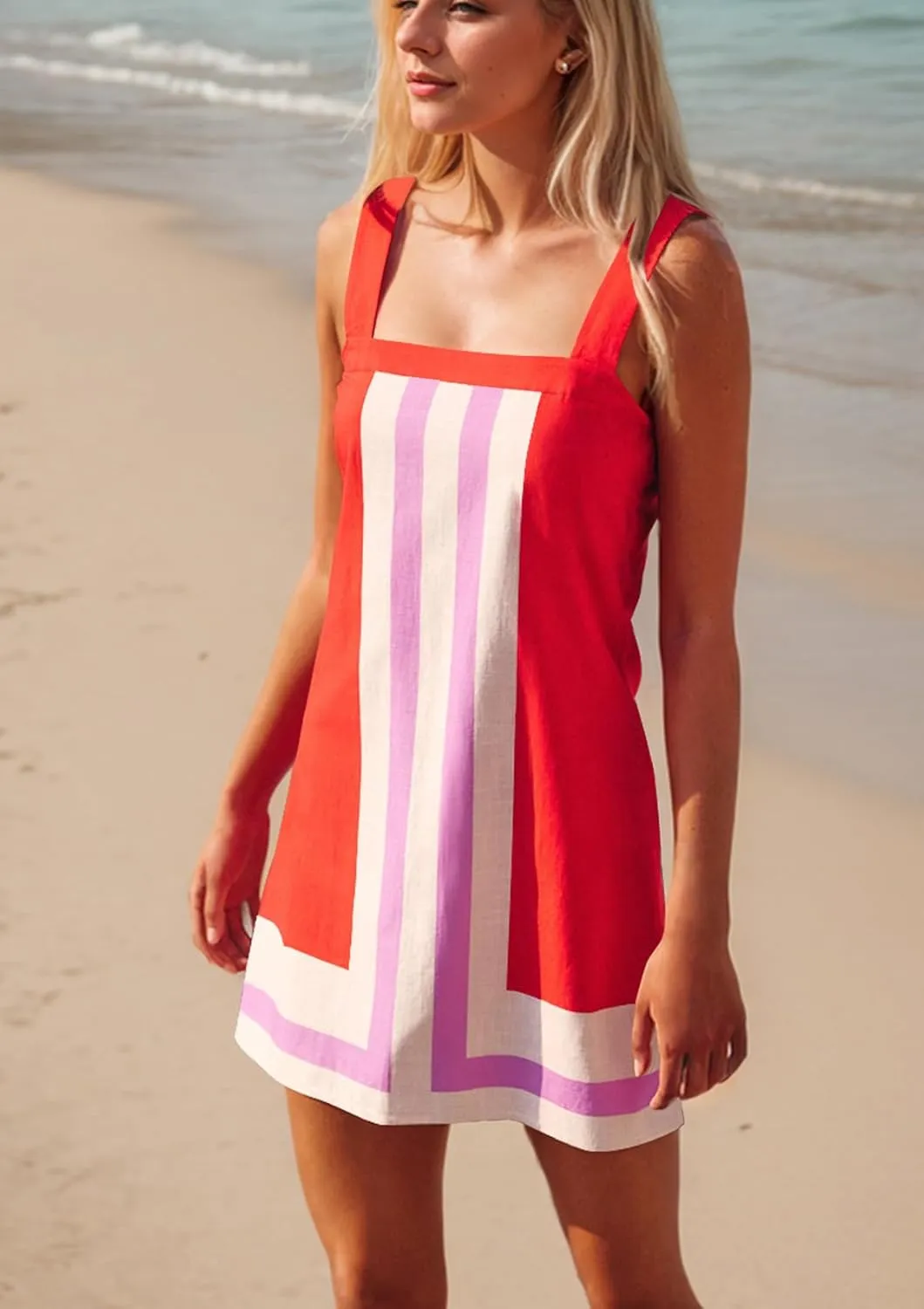 Women Multi-color Striped Mini Dress Color Block Summer Square Neck Sleeveless Backless Beach Cover Up Dress