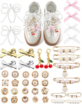 Yawlsow 40 Pcs Shoe Charms for Sneakers Junk Charms for Women Shoe Lace Socks Contain Brooches, Pins, Clips, Bows, Jewelry, Pearl Charm Accessories Bulk for Clothes Bag Hat