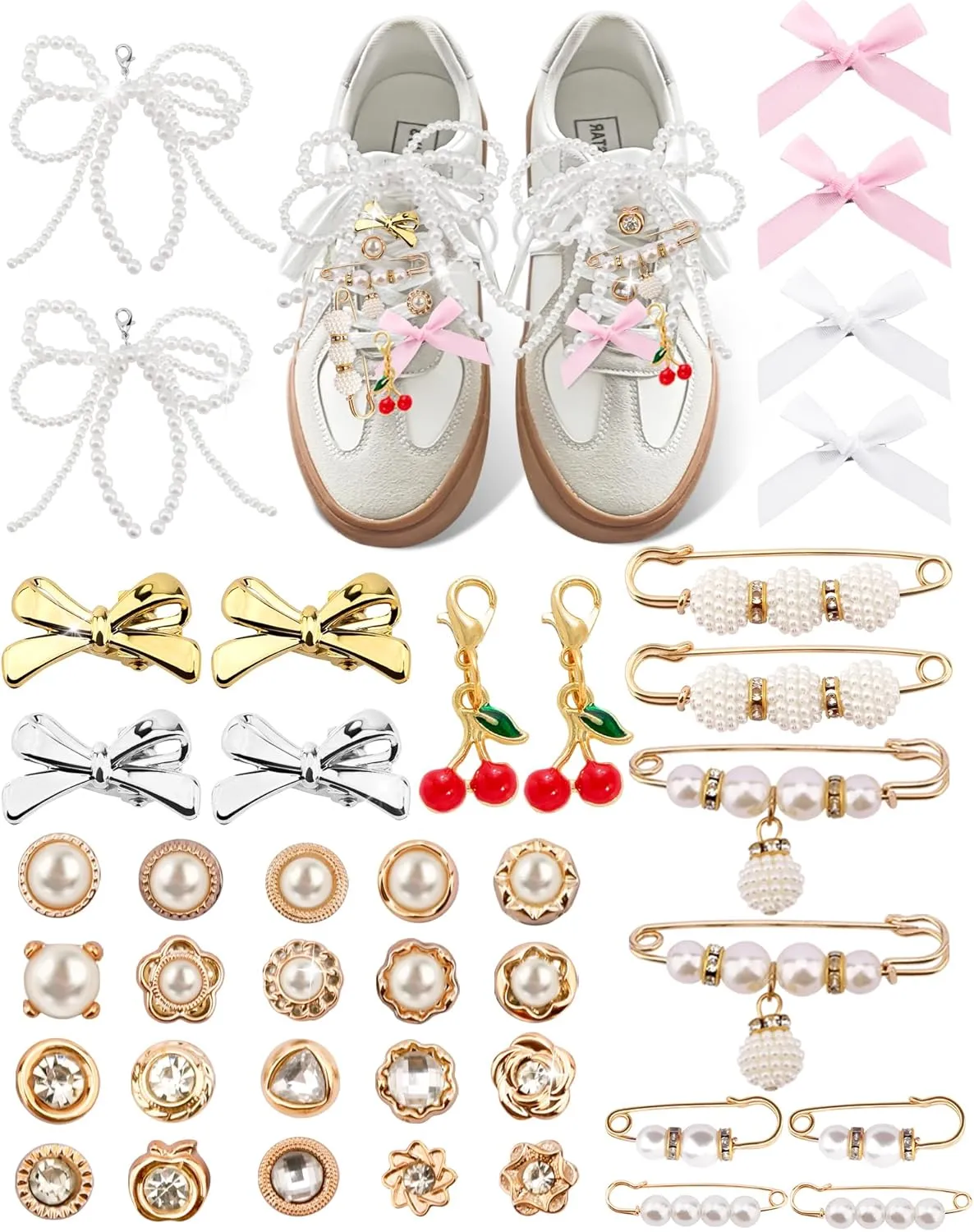 Yawlsow 40 Pcs Shoe Charms for Sneakers Junk Charms for Women Shoe Lace Socks Contain Brooches, Pins, Clips, Bows, Jewelry, Pearl Charm Accessories Bulk for Clothes Bag Hat